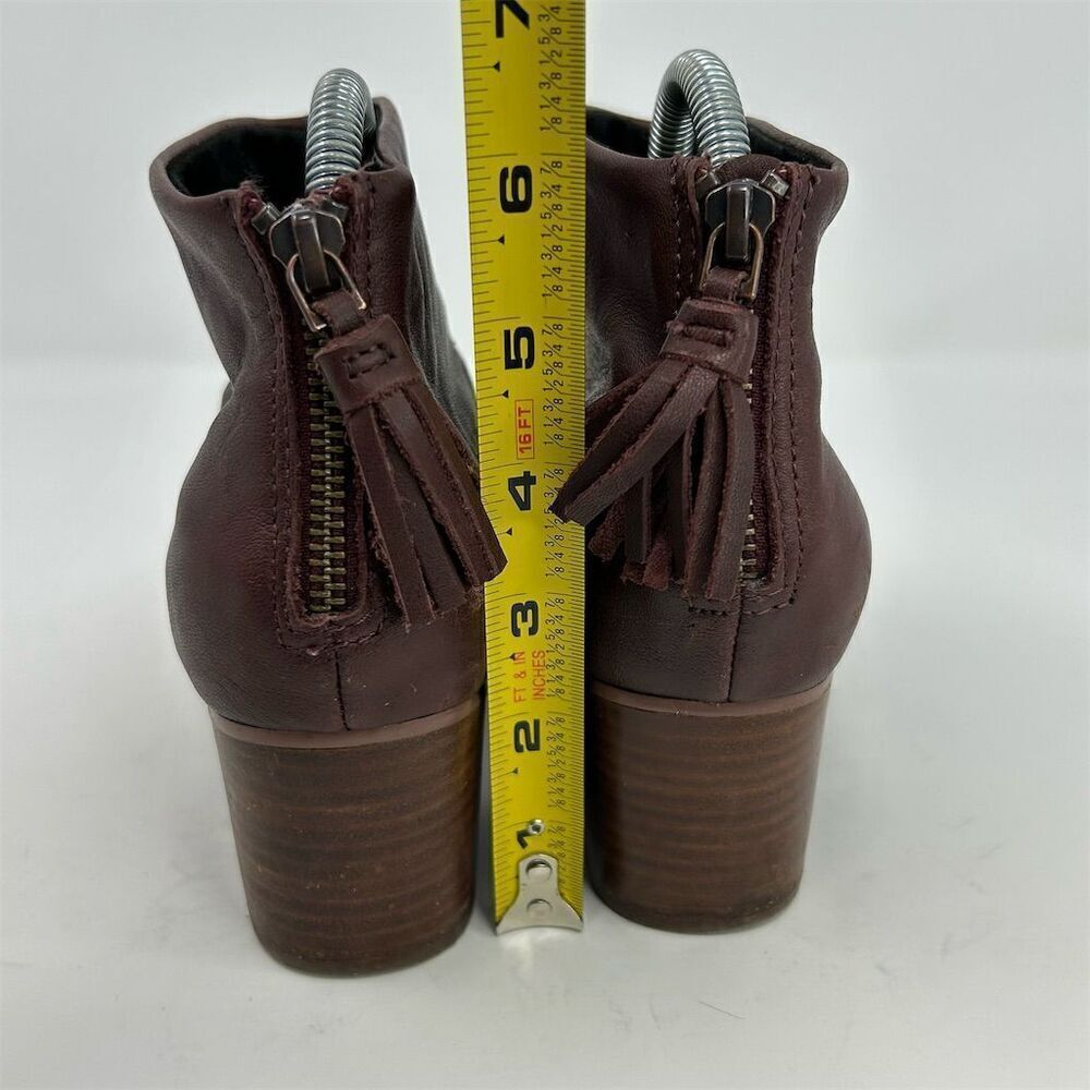 TOMS Leila Burgundy Red Leather Heel Ankle Booties Size 8 Back Zip Tassel - Picture 8 of 12